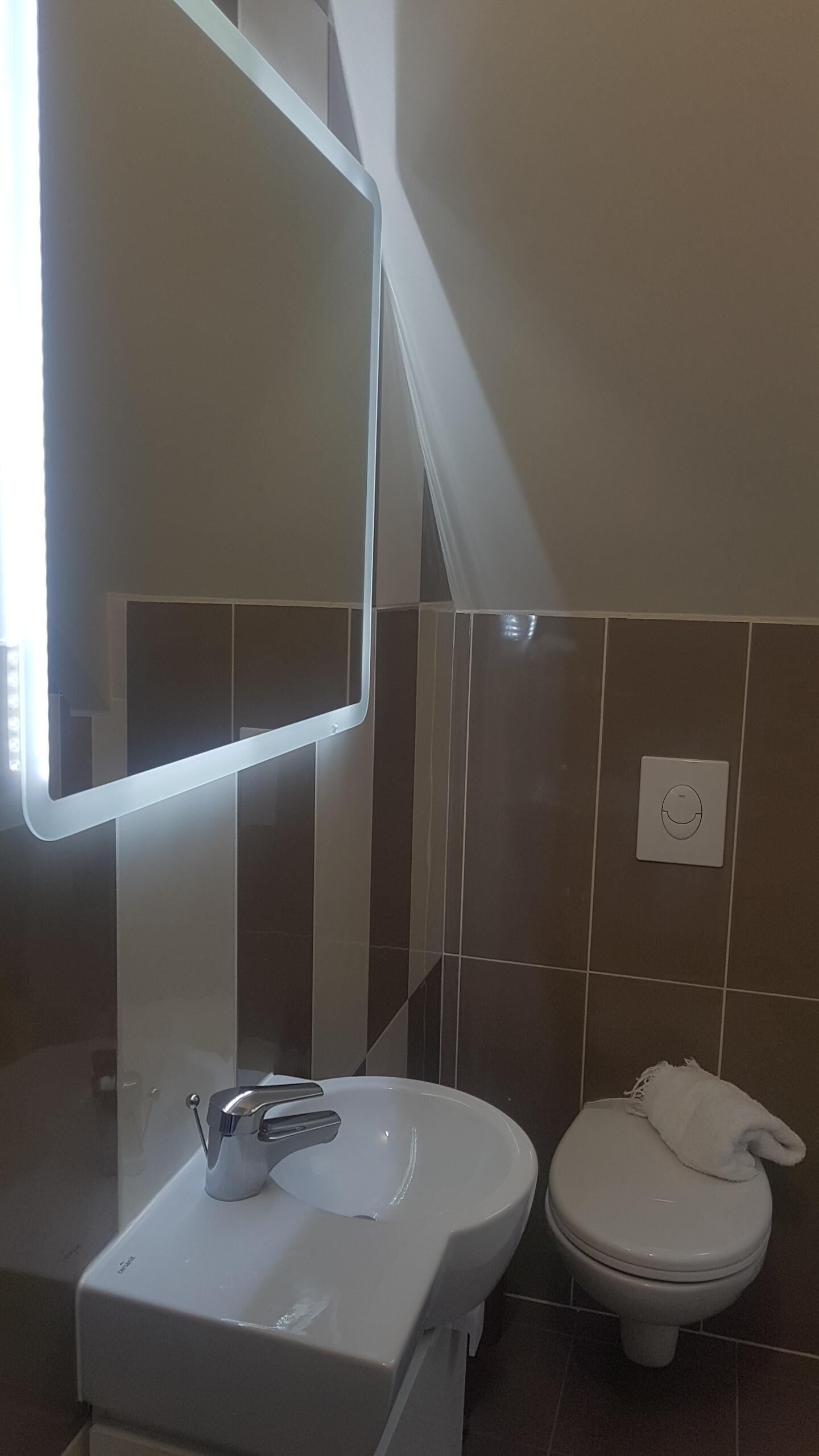 Un bany amb un rentapans, un mirall i un vàter.