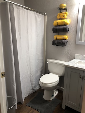 Hair dryer, towels, soap, shampoo