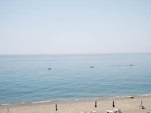On the beach, sun-loungers, beach towels