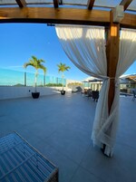 Una terraza en la azotea con una pérgola de madera, dos palmeras y un espacio de estar con mesas y sillas.