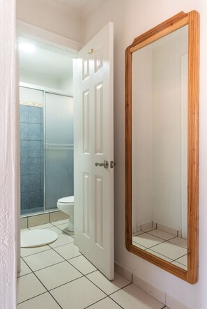Un baño con inodoro blanco, zona de ducha y un espejo grande con marco de madera.