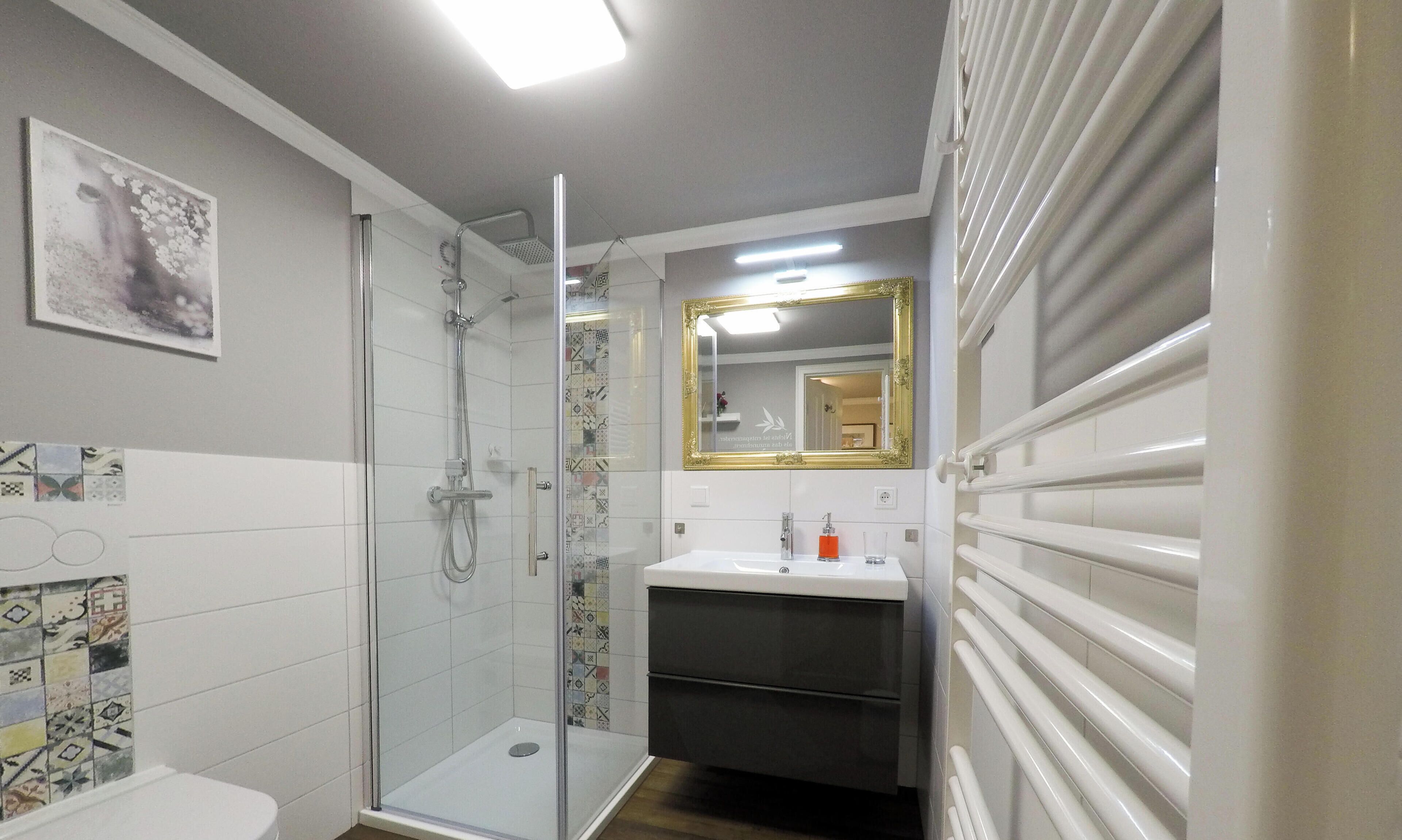 Shower, hair dryer, towels, soap