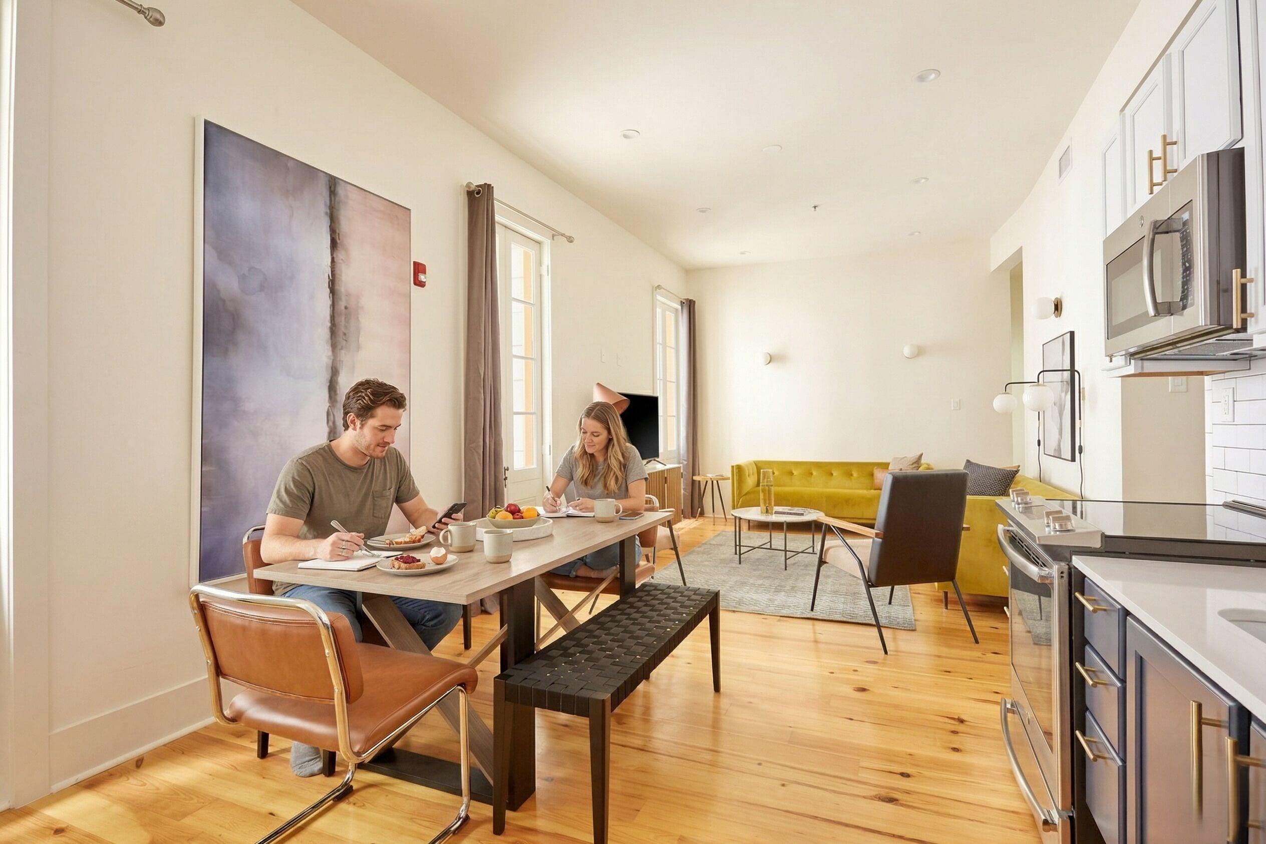 A modern kitchen with a dining area, wooden flooring, and a yellow sofa.