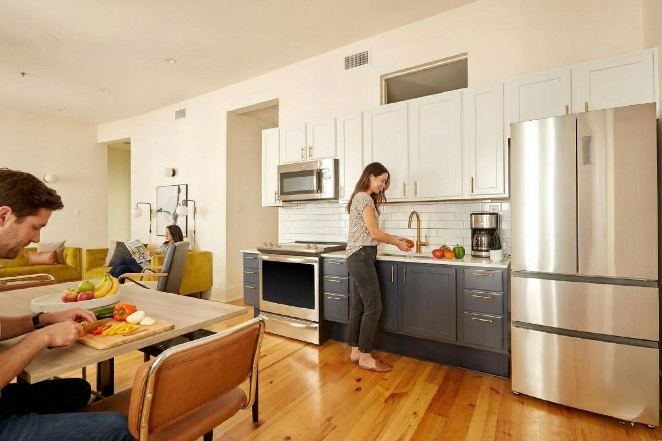 A modern kitchen with stainless steel appliances, a dining area with a yellow sofa, and a visible window.