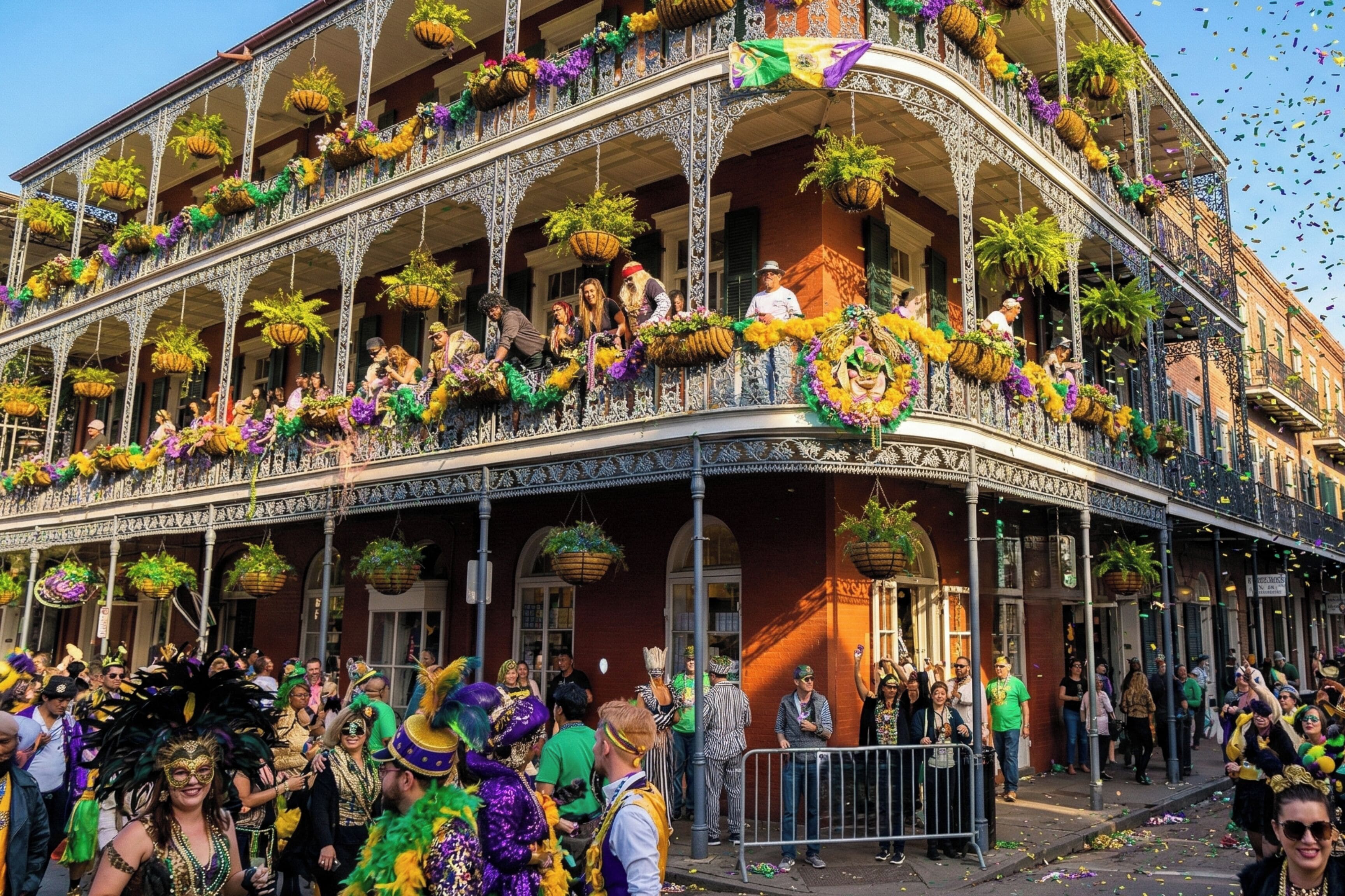 Un edificio con balcones ornamentados y macetas colgantes.