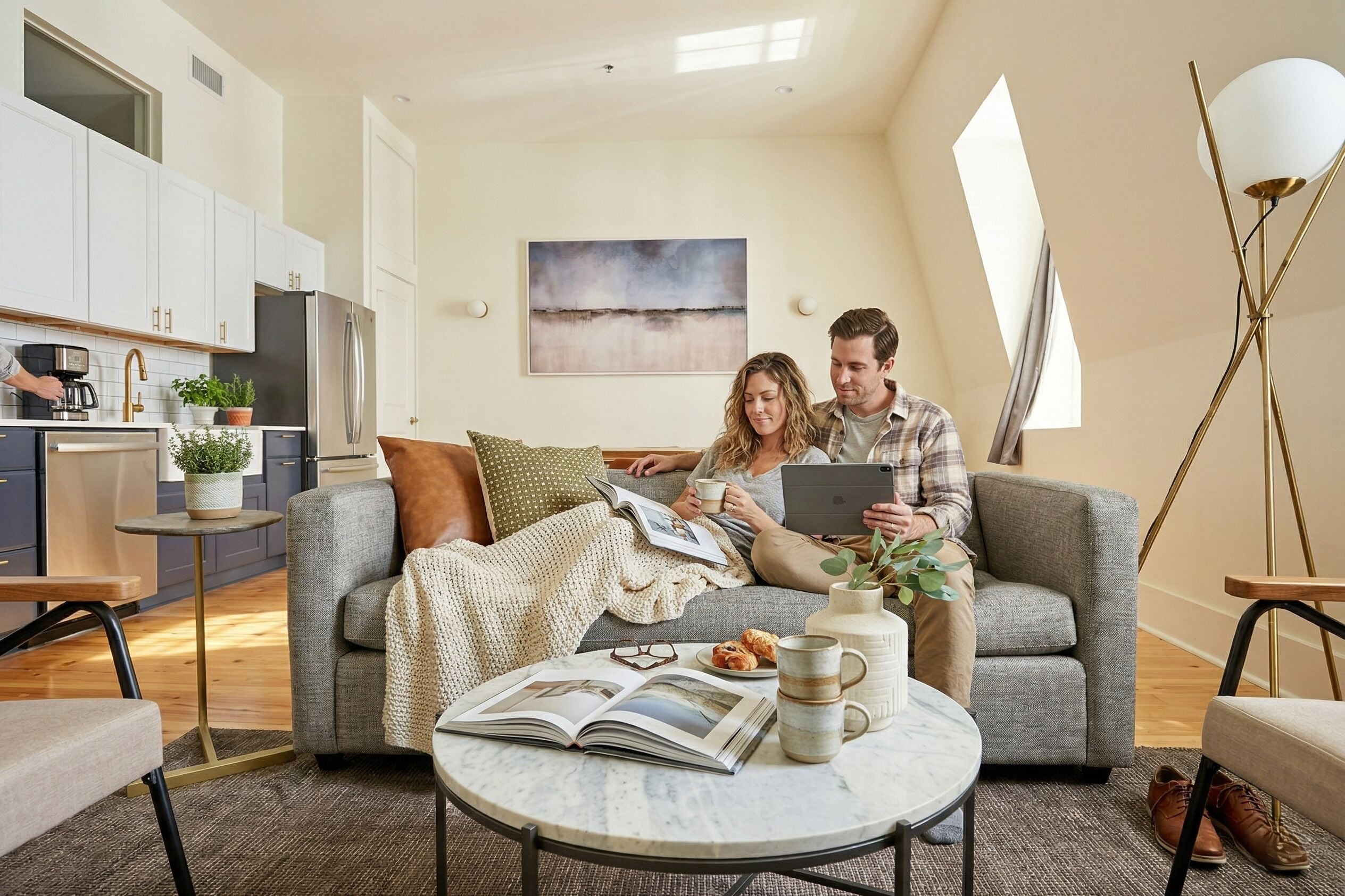 A modern living room with a sofa, coffee table, and a view of the kitchen.