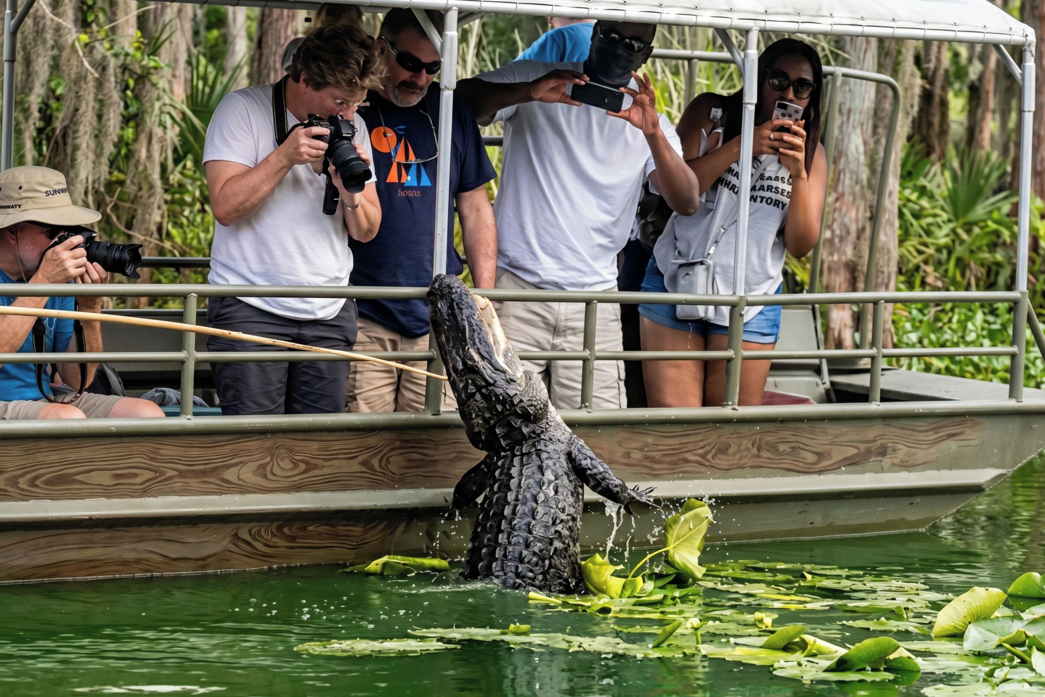 A crocodile on a boat surrounded by people, some taking photos.