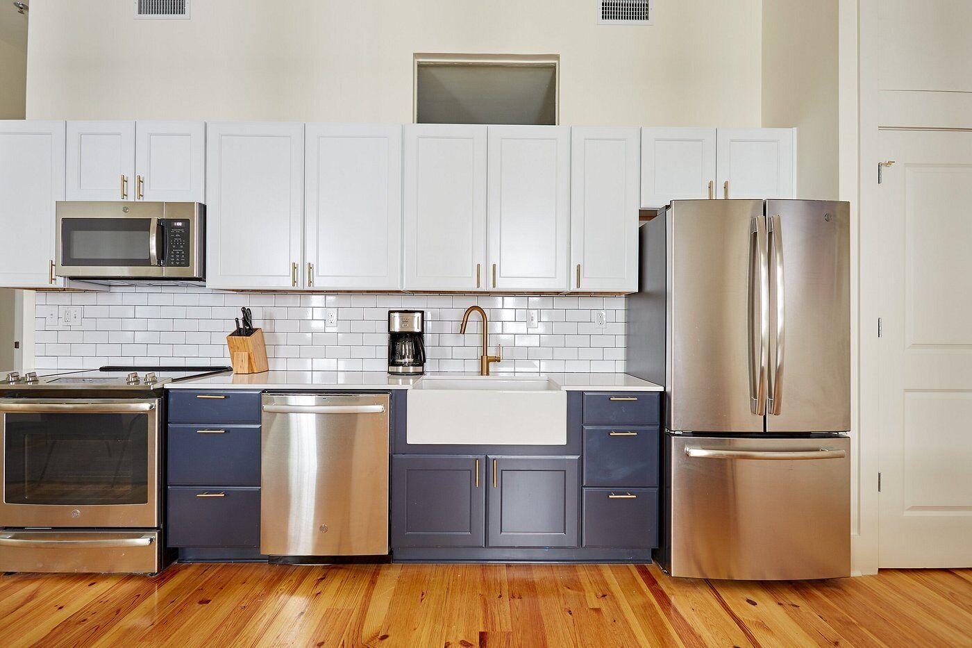 Fridge, microwave, electric kettle, toaster