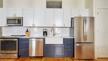 Fridge, microwave, electric kettle, toaster