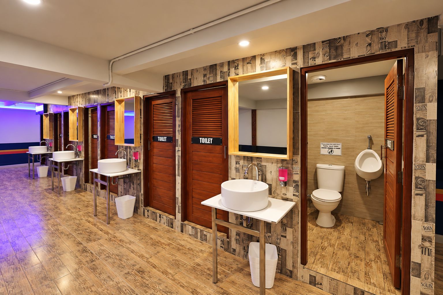A hotel bathroom with multiple sinks, toilets, and urinals, featuring a wooden wall design.