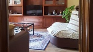 A cozy living room with a large wooden bookshelf, a comfortable sofa, and a television.