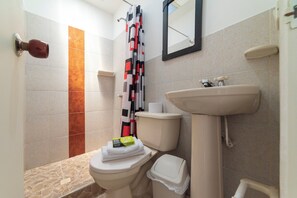 Ducha, toallas, jabón y champú