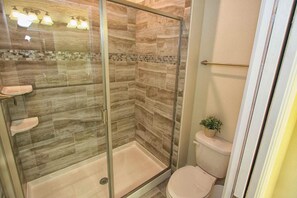 A shower with a glass door, a toilet, and a small potted plant. - 1556 Champions Gate (Davenport)