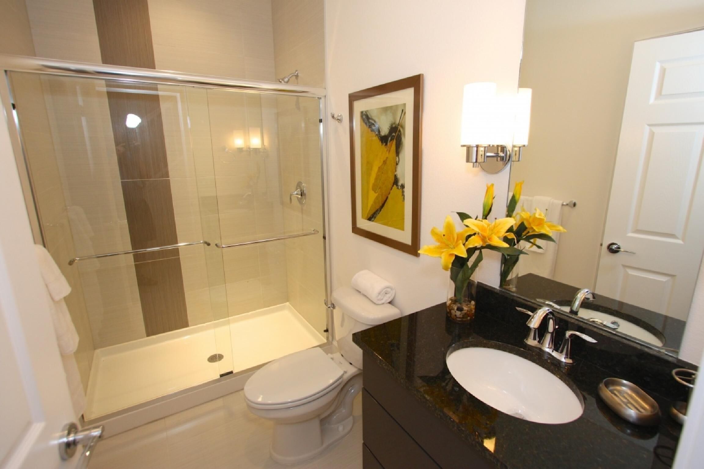 A bathroom with a glass-enclosed shower, a toilet, a sink, and a mirror.