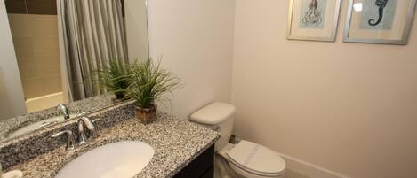 A bathroom with a granite countertop sink, a toilet, a shower curtain, and two framed pictures on the wall.