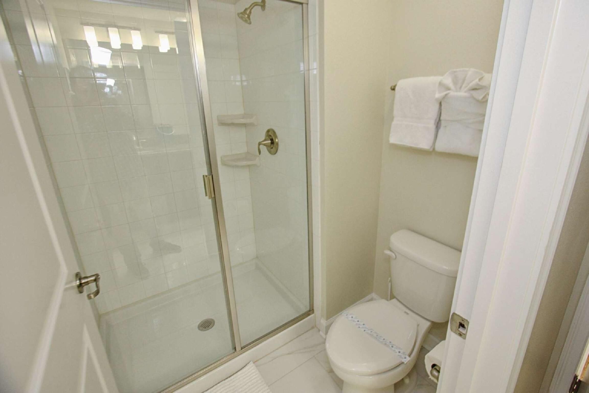Une salle de bain avec une douche à parois de verre, des toilettes et un porte-serviettes.