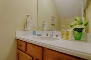 A bathroom with a white sink, wooden cabinets, a mirror, and a green plant. - 573 Little Harbor (Ruskin)