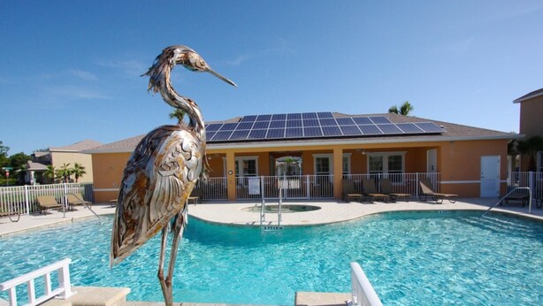 Un área de piscina con una escultura realista de un ave, techo con paneles solares y un edificio con barandilla blanca y sillones de descanso.