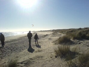 A sandy beach with people walking and a kite in the sky. - Entire Beach House, beautiful sea views & direct beach access on the Kent coast (Greatstone)