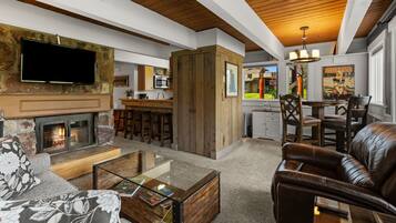 TV connectée, cheminée, lecteur de DVD, livres