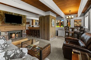 Älytelevisio, takka, DVD-soitin, kirjoja