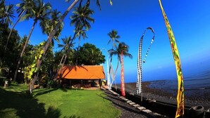 A beachfront property with a covered patio, palm trees, and a view of the ocean.