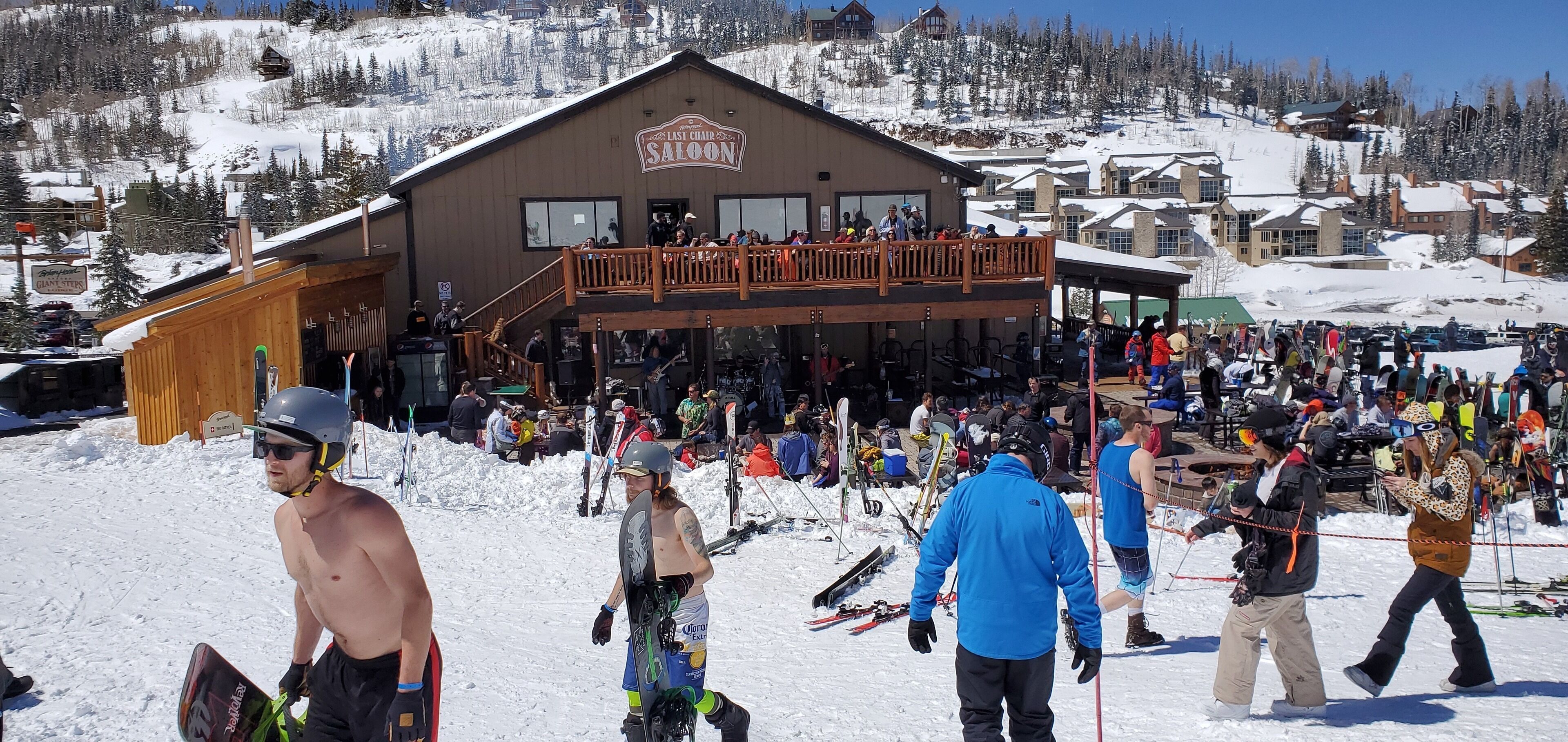A ski resort with a wooden building labeled "Last Chair Saloon."
