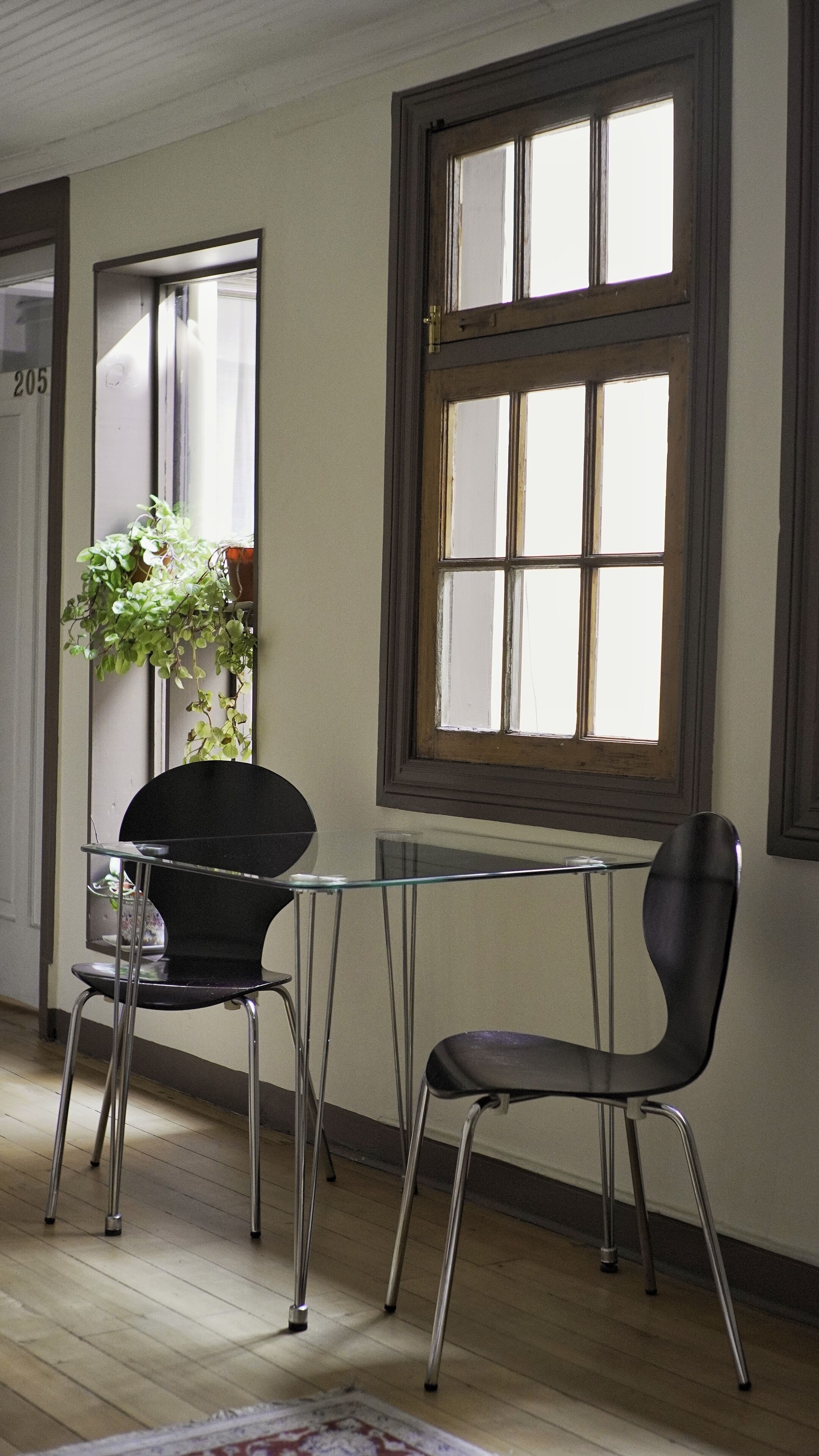 Una habitación con una mesa de vidrio, dos sillas, una planta en maceta y una ventana con vistas.
