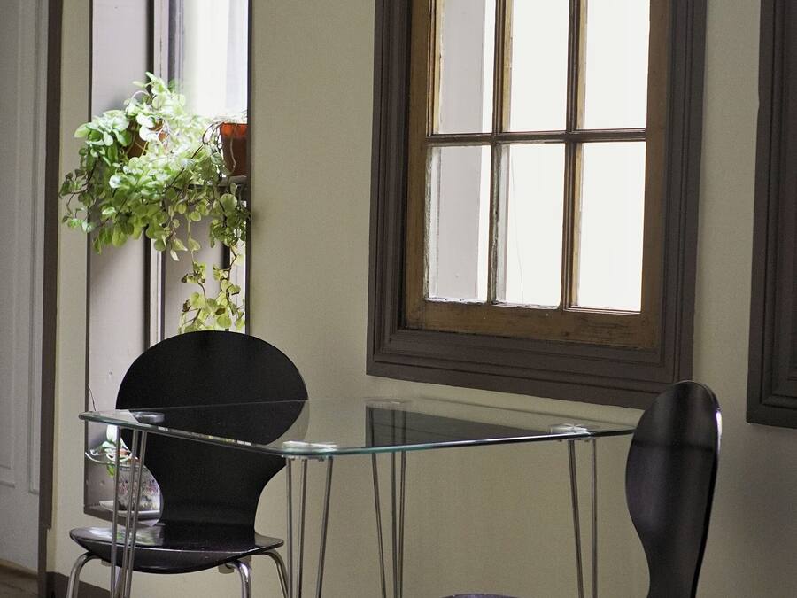 Una habitación con una mesa de vidrio, dos sillas, una planta en maceta y una ventana con vistas.