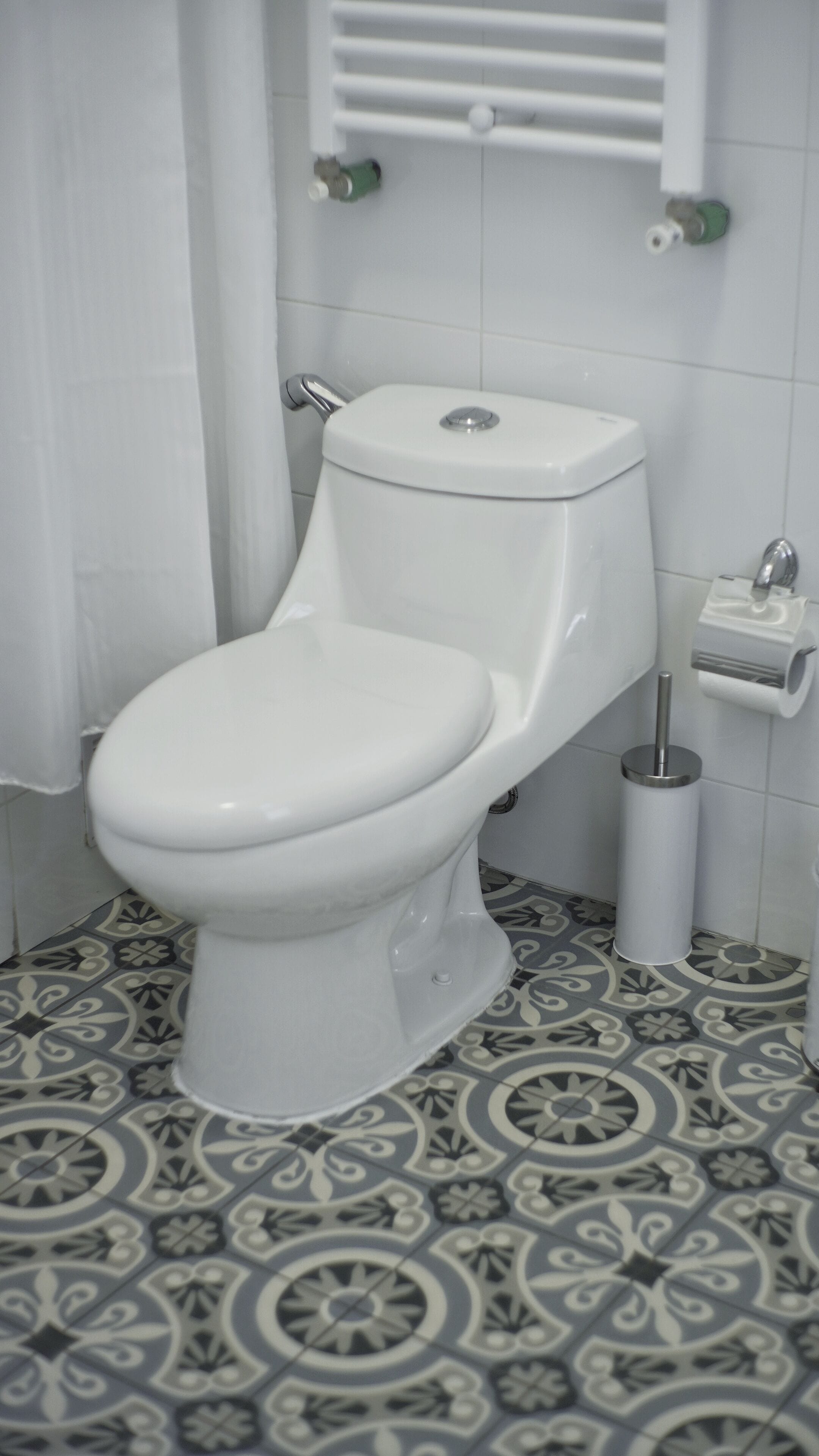 Un inodoro blanco con un bidé incorporado, un dispensador de papel higiénico y baldosas de suelo estampadas.