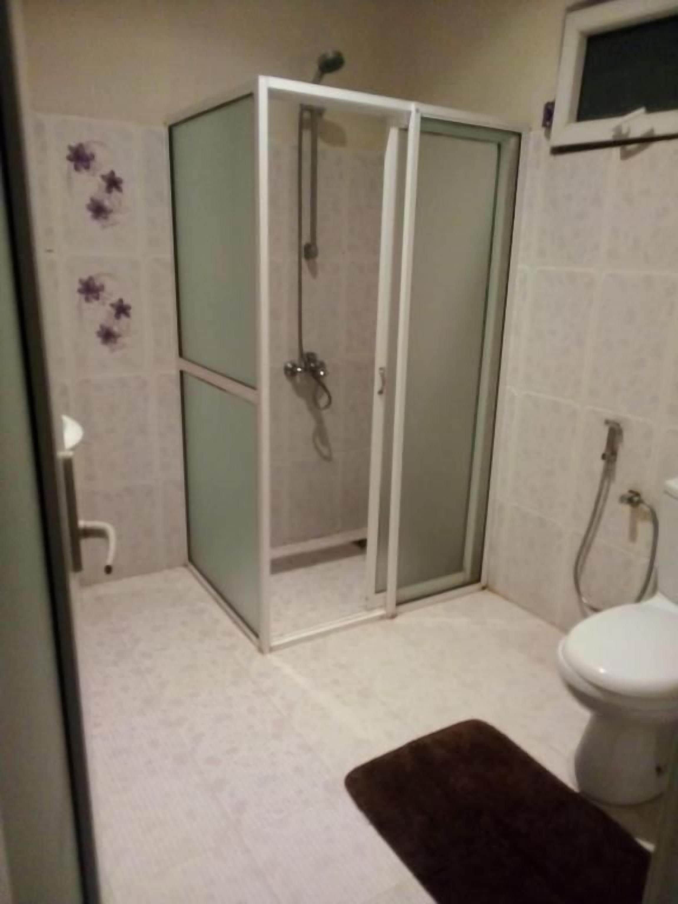 A bathroom with a glass-enclosed shower, a toilet, and a brown bath mat.