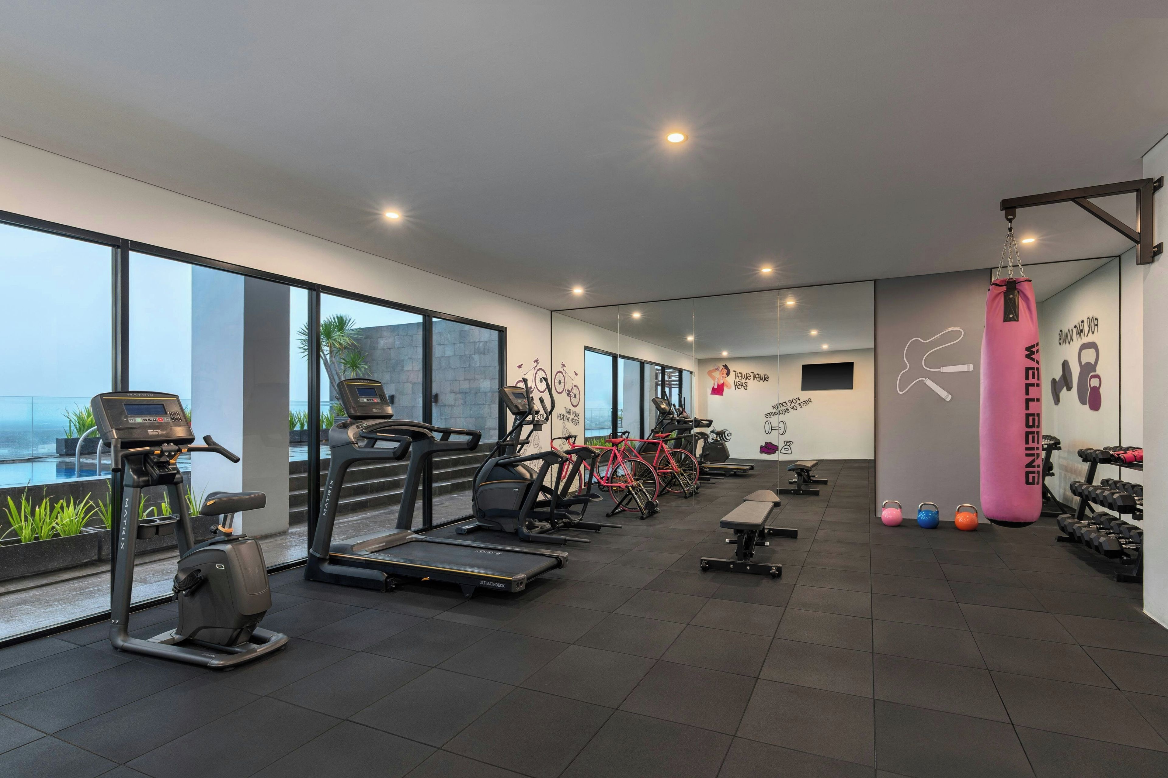 Un gimnasio moderno con diverso equipo de ejercicio, ventanas amplias y vistas al exterior.