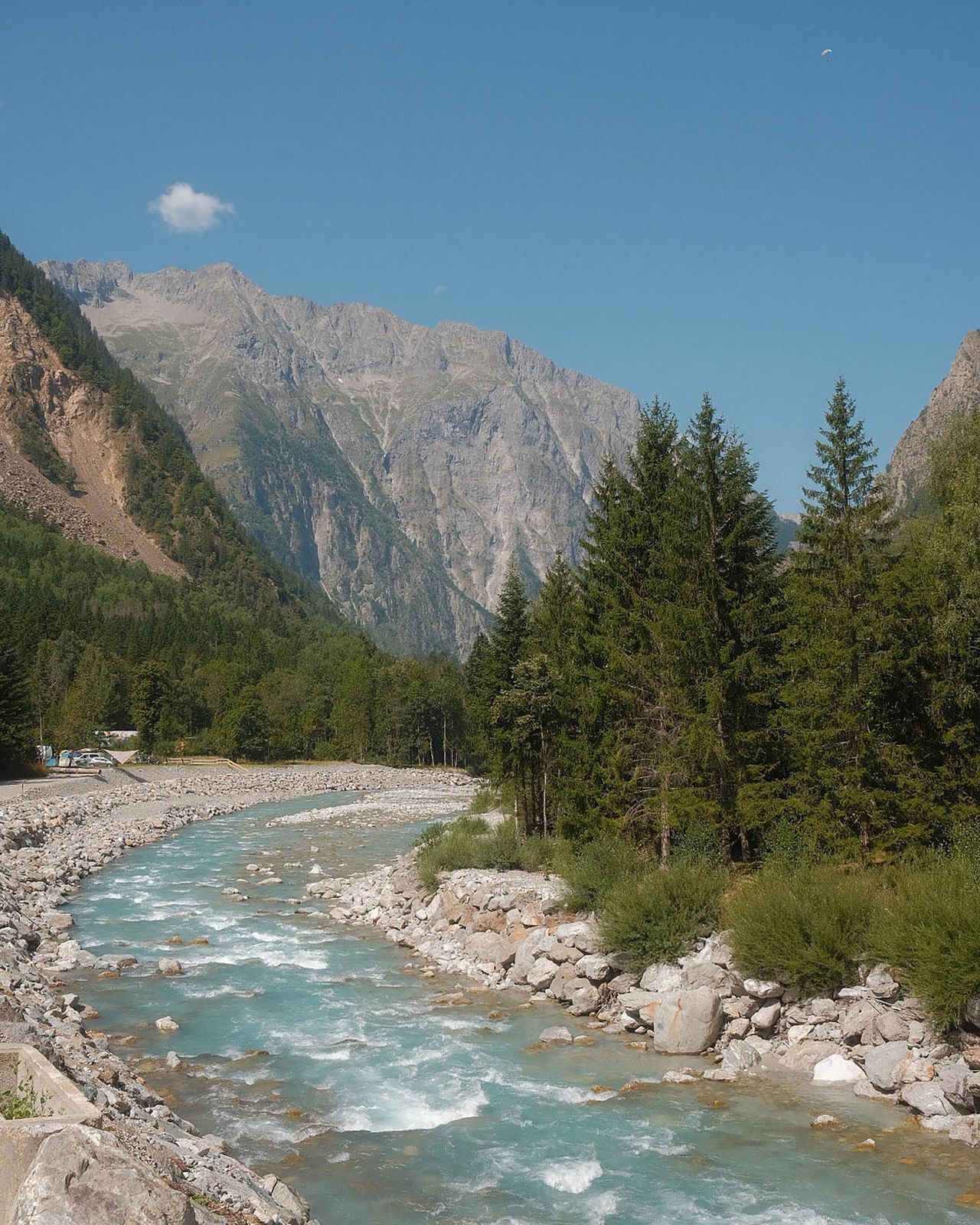 Ein Fluss, der durch eine gebirgige Landschaft mit felsigen Ufern und dichten Wäldern fließt.