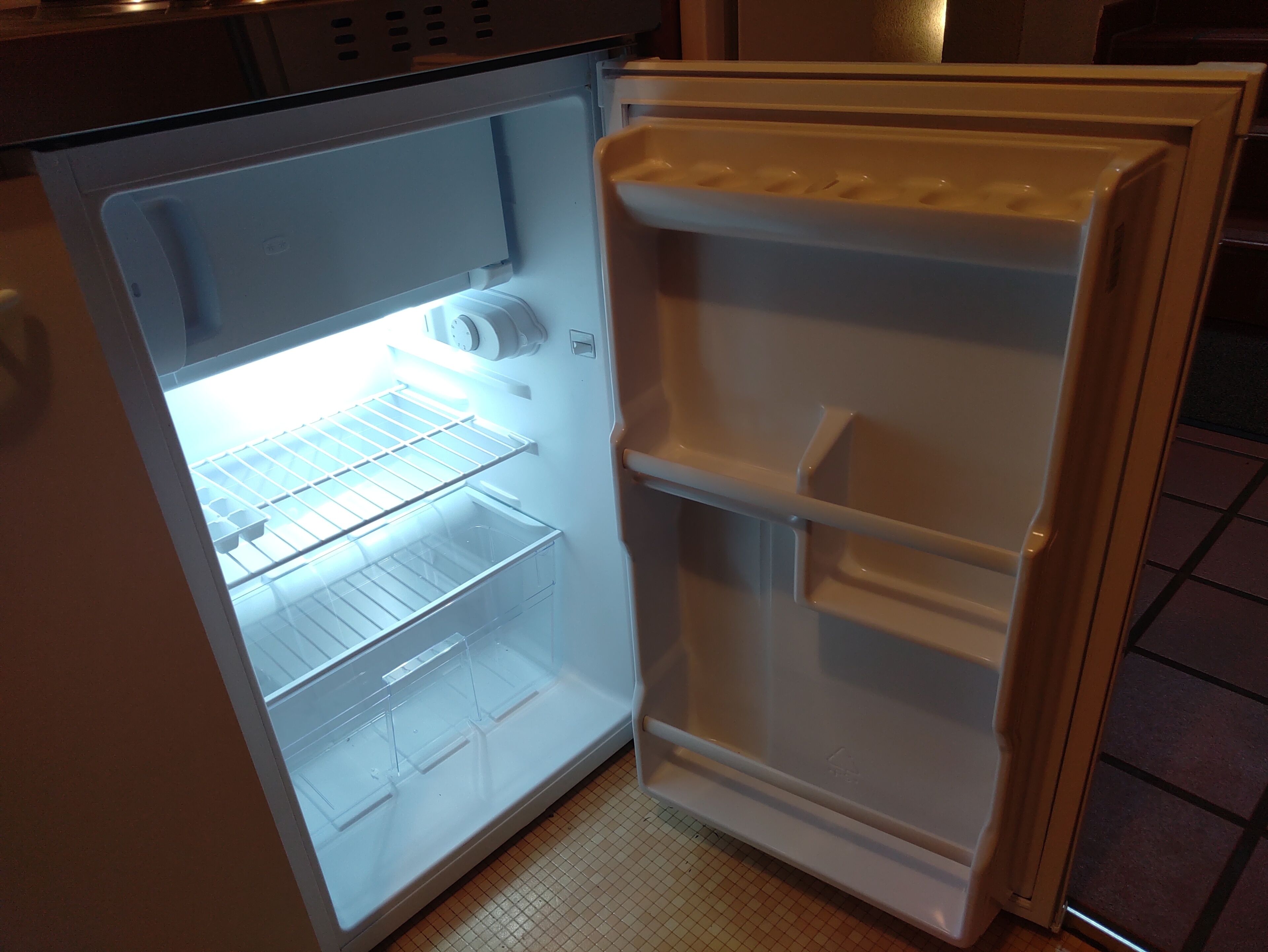 An open refrigerator with a freezer compartment on top and a main compartment below.