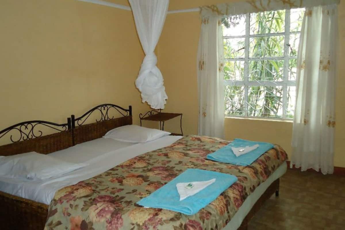 A room with a bed, a small table, and a window with curtains.