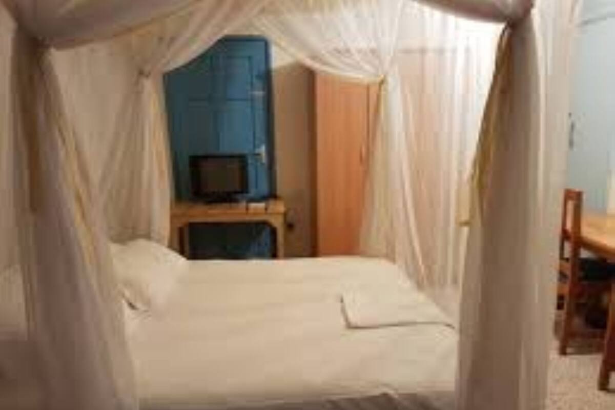 A single bed with a canopy, a small bedside table, and a television in the background.