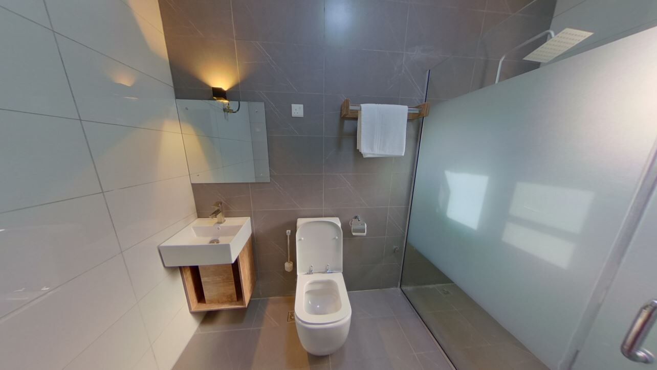 A modern bathroom with a toilet, sink, and glass shower enclosure.