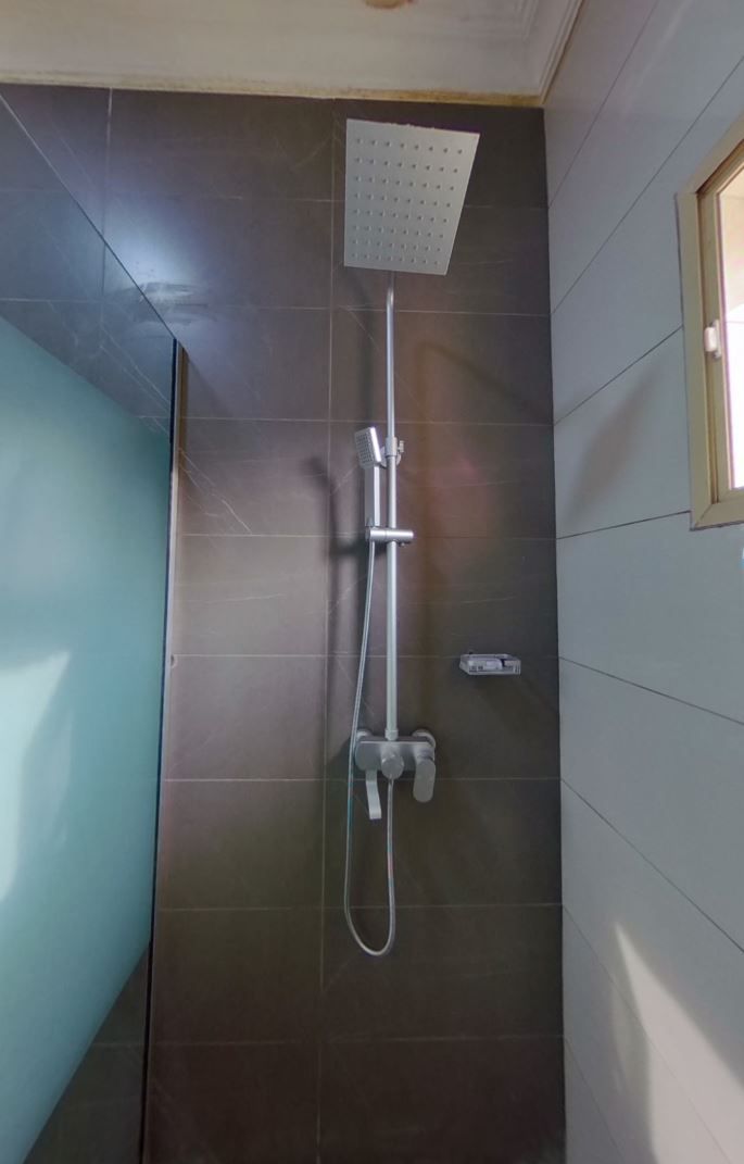 Eine Dusche mit Handbrause und einer fest installierten Bedienfeld.