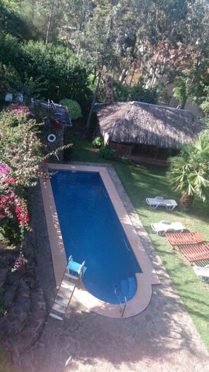 A rectangular swimming pool with a thatched-roof structure nearby, surrounded by lush greenery and a few lounge chairs. - Guest House Jane Naivasha (Naivasha)