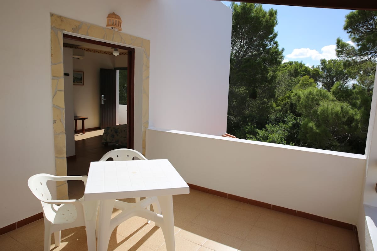 A balcony with a table and chairs, a door leading to an interior room, and a view of trees.