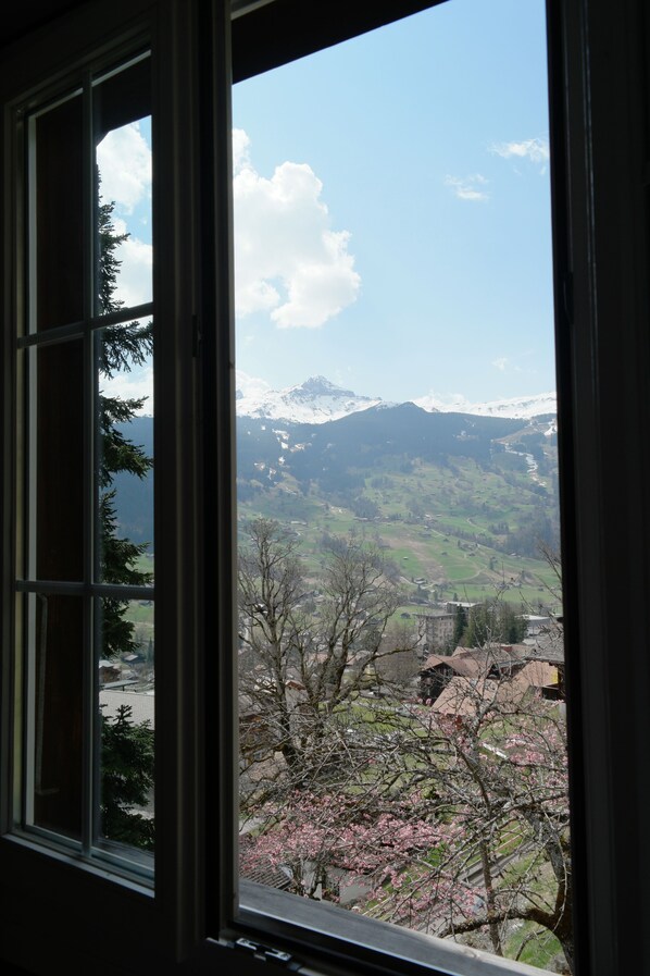 A view through a window with a mountain landscape, including snow-capped peaks and a valley with buildings and trees.