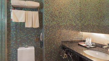 Shower, free toiletries, hair dryer, slippers