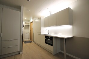 Studio (for 2) | Privékitchenette | Een koelkast, een microgolfoven, een kookplaat, een vaatwasser