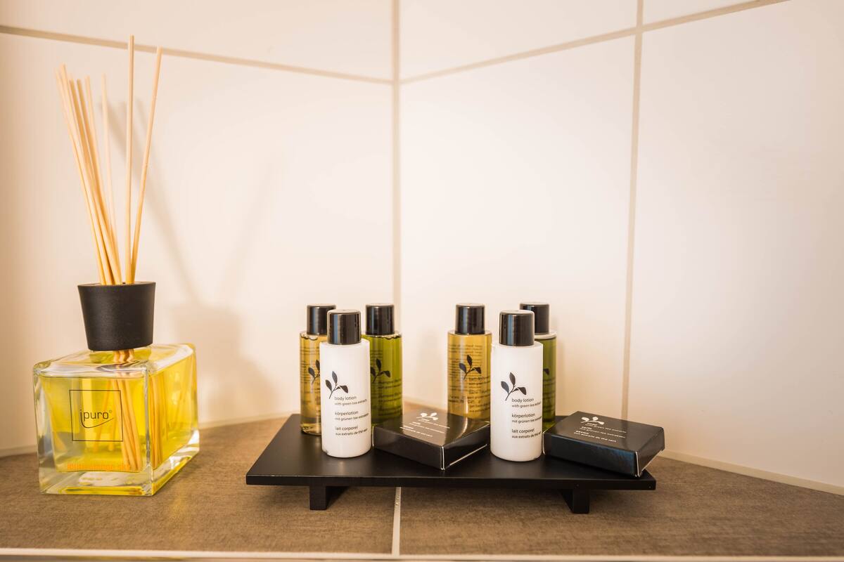 Shower, free toiletries, hair dryer, towels