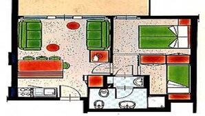 A floor plan of a hotel with multiple rooms, a kitchen area, and a dining area. - Residence Rio Falzè ~ TWO-ROOM APARTMENT TYPE A1 # 28 (Campo Carlo Magno)