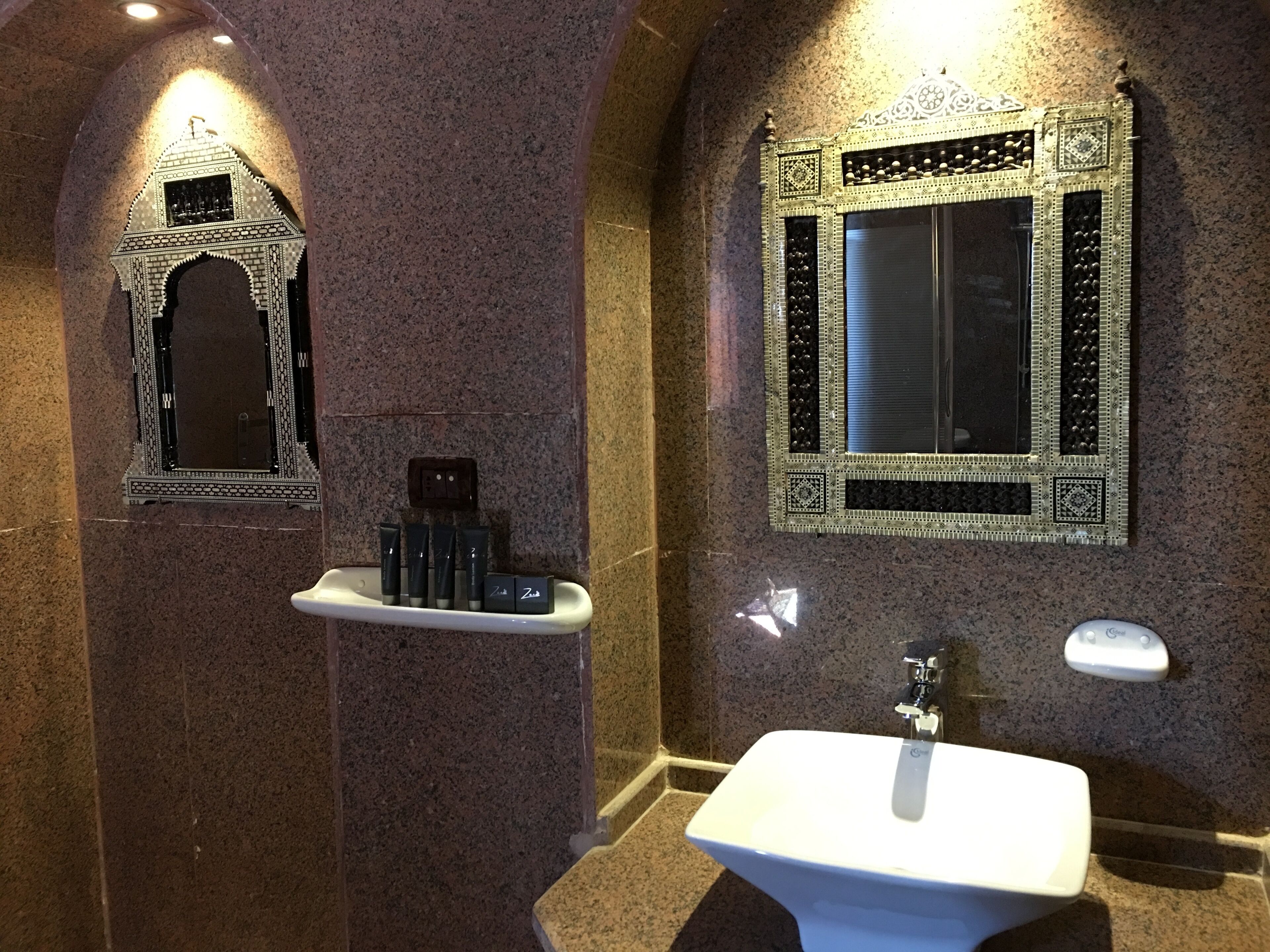 A bathroom with a white sink, a mirror with intricate designs, and a shelf with toiletries.
