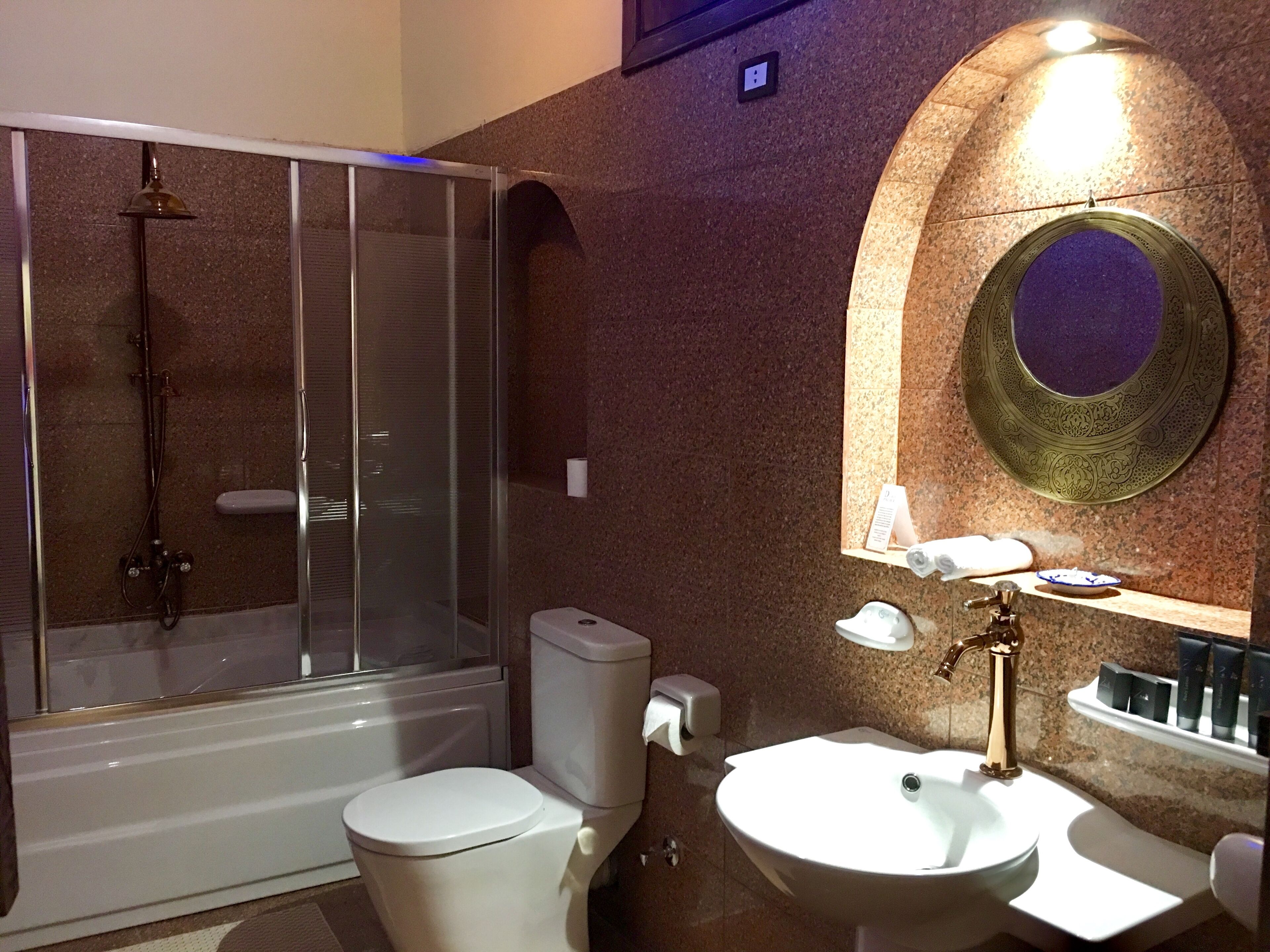 Un baño con ducha, inodoro, lavamanos y un espejo decorativo.