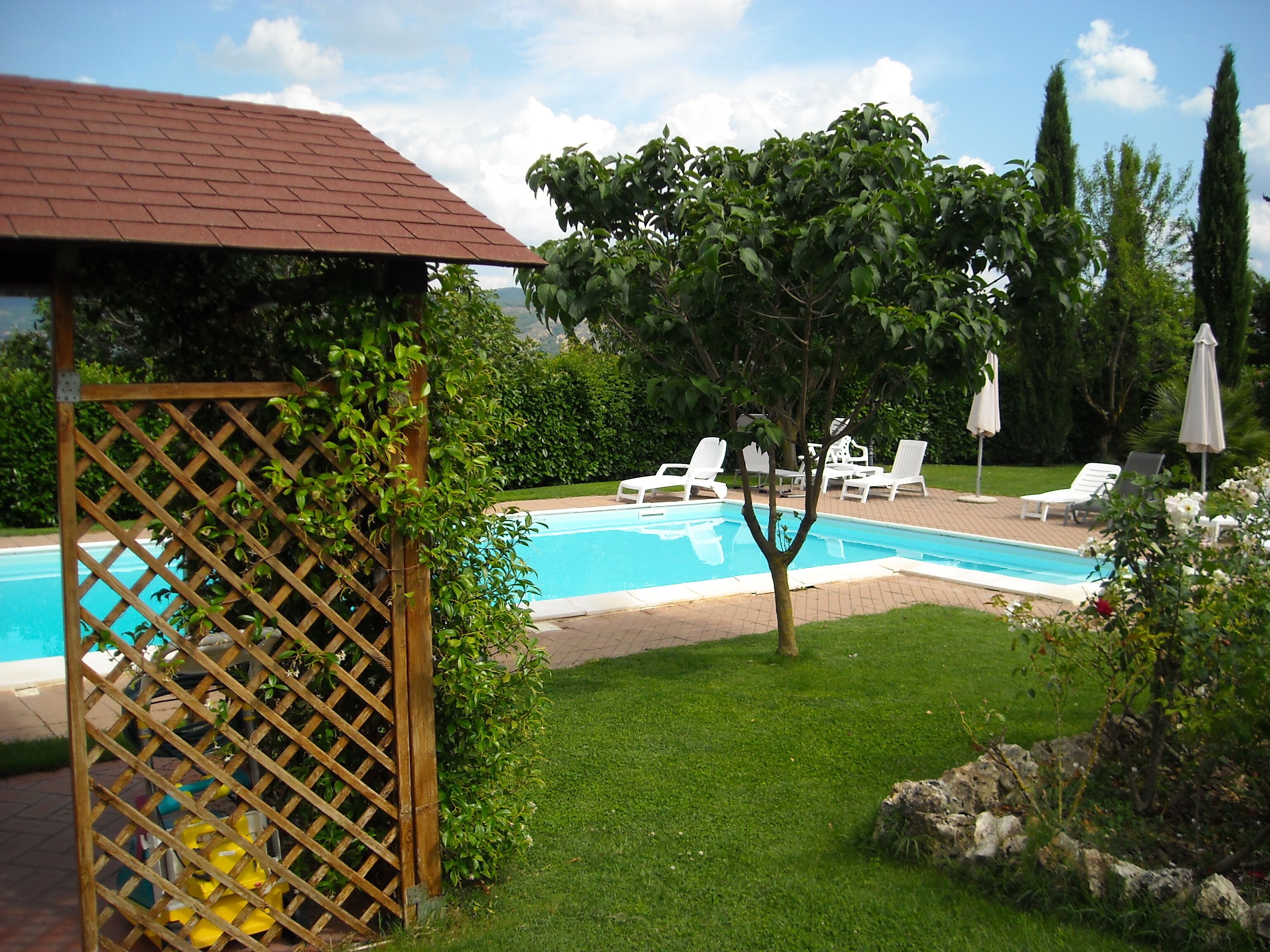 Una piscina circondata da poltrone a sdraio bianche e ombrelloni, con un pergolato in legno e vegetazione lussureggiante sullo sfondo.