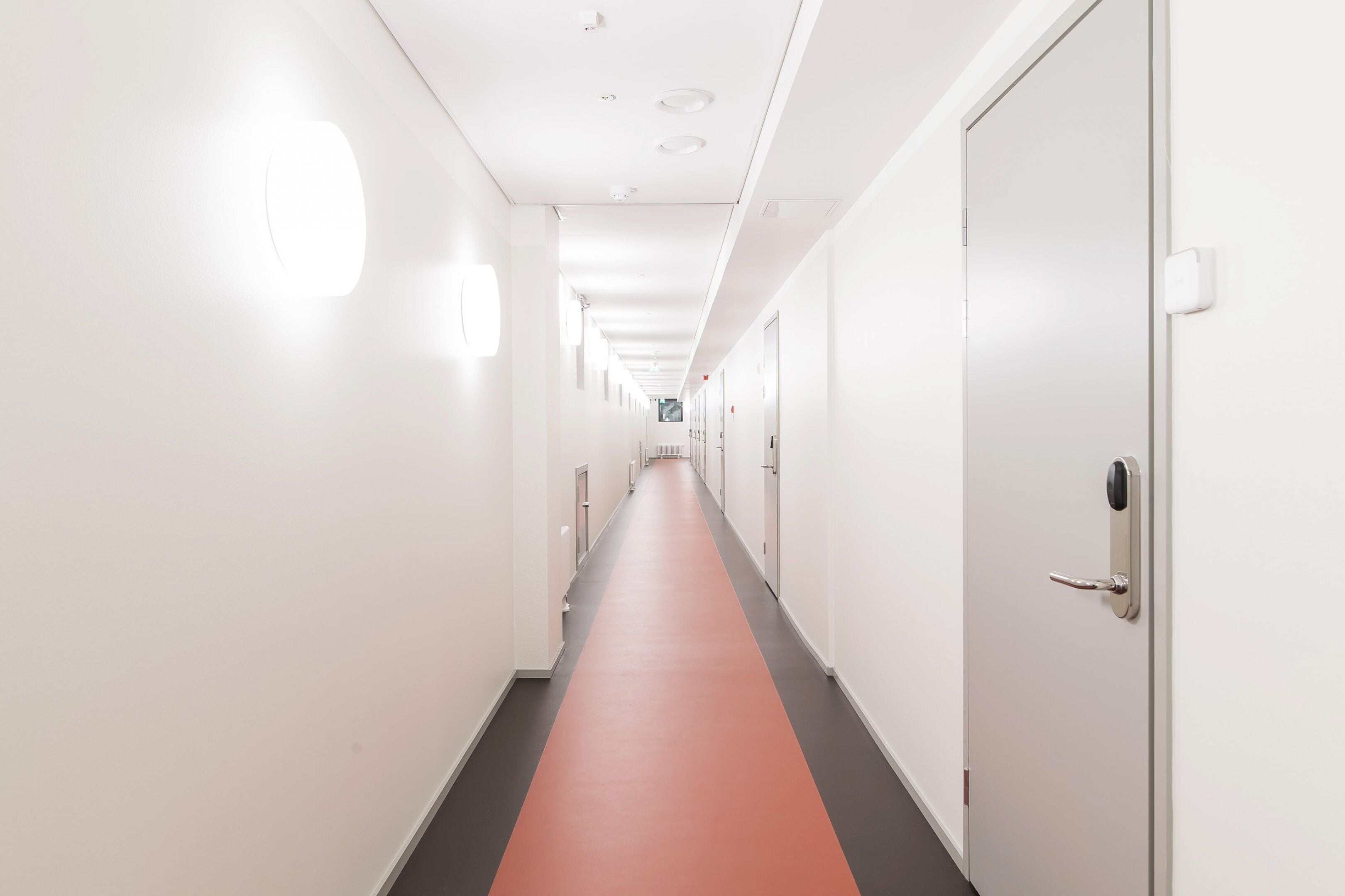 A long, narrow hallway with white walls and a red carpet, leading to multiple doors.