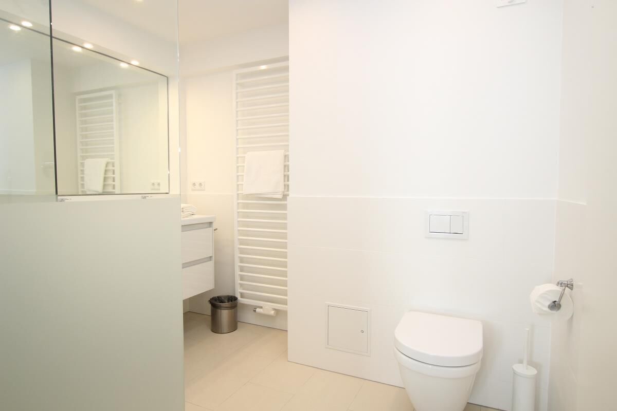 A modern bathroom with a toilet, bidet, and a mirror.